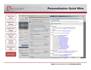 Personalization Quick Wins 
Marketing 
Center 
Experience 
Context 
Experience 
Viewer 
Experience 
Editor 
Implied 
Content 
Component 
Editor 
Rules Editor 
 