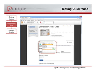 Testing Quick Wins 
Testing 
Context 
Component 
Test 
Evaluate 
Results 
 