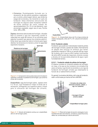 • Cimientos: Paralelepípedo formado por la 
excavación de dos planos paralelos y separados 
por un ancho y altura según cálculo, que recibe las 
cargas de la vivienda y las transmite al suelo de 
fundación. Estos elementos estructurales de 
hormigón en algunos casos incorporan material 
de bolón (piedras de canto rodado de 
aproximadamente 10 a 15 cm de diámetro), cuyo 
porcentaje aceptable, según sea el caso, fluctúa 
entre 20% a 30%. 
Zapatas: elementos estructurales de hormigón, ubicados 
bajo el cimiento y que son requeridos cuando la 
capacidad de carga del terreno no es suficiente para 
soportar la presión que ejercen los cimientos sobre él. 
Evitan tener que ensanchar todo el cimiento para lograr 
distribuir las tensiones en el terreno y tener la capacidad 
soportante necesaria. 
Figura 8 – 8 : Composición de las partes típicas de la fundación 
superficial, confinada a la plataforma de hormigón, que conforma 
el piso de la vivienda. 
Emplantillado: capa de hormigón pobre, espesor entre 
5 a 10 cm, cuya finalidad es nivelar el fondo de la 
excavación, entregando una superficie plana y limpia 
para la colocación del hormigón del cimiento. 
Emplantillado 
Figura 8 - 9 : Solución de fundación continua con emplantillado 
de 8 cm de hormigón pobre. 
Figura 8 - 10 : Emplantillado típico de 10 cm bajo el pilote de 
madera impregnado, rollizo de 9” a 10“, solución de fundación 
aislada. 
8.5.2. Fundación aislada 
Fundación que puede ser materializada mediante pilotes 
de hormigón armado o pilotes de madera. Normalmente 
se adopta esta solución en terrenos que tienen 
pendientes mayores al 10% en el sentido del eje mayor 
de la planta, por lo que es difícil realizar movimientos 
de tierra (difícil acceso de maquinaria, terrenos rocosos 
y duros) y en los que existe presencia de agua o gran 
humedad del terreno. 
8.5.2.1. Fundación aislada de pilotes de hormigón 
El sistema consiste en cimientos aislados de hormigón 
en masa, a los que se les incorpora una armadura de 
acero en barras, cuya función es anclarlos a una viga de 
fundación de hormigón armado que desempeña la 
función de un sobrecimiento armado. 
En general, la armadura del pilote y de la viga de fundación, 
están conformadas por barras de fierro A44-28H. 
Figura 8 - 11: Pilote de hormigón de sección rectangular, la pro-fundidad 
del sello de fundación, armaduras y especificaciones, 
deben ser corroboradas por cálculo estructural. 
PAGINA 160 La Construcción de Viviendas en Madera 
Fundación para un 
pilar aislado 
Plataforma de hormigón 
Espárrago 
Sobrecimiento 
Cimiento 
Zapata 
Emplantillado 
Emplantillado 
• Armadura de anclaje entre 
elementos (cimiento aislado a 
viga de fundación) 
• Hormigón H10 para 
cimiento aislado 
• Emplantillado hormigón pobre 
 