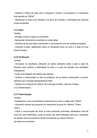 - Elaborar o Plano de Ação para o bloqueio e revisar o cronograma e o orçamento 
final através do "5W2H" 
- Determinar a meta a ser atingida e os itens de controle e verificação dos diversos 
níveis envolvidos. 
2.3.5 Ação 
Tarefas: 
- Divulgar o plano a todos os envolvidos 
- Apresentar claramente as tarefas e a razão delas 
- Certificar-se de que todos entenderam e concordaram com as medidas propostas 
- Executar a ação, registrando todos os resultados bons ou ruins e a data em que 
foram tomados. 
2.3.6 Verificação 
Tarefas: 
- Comparar os resultados, utilizando os dados coletados antes e após a ação de 
bloqueio para verificar a efetividade da ação e o grau de redução dos resultados 
indesejáveis 
- Fazer uma listagem dos efeitos secundários 
- Verificar a continuidade ou não do problema. Se os efeitos continuarem a ocorrer, 
significa que a solução apresentada foi falha 
- Verificar se o bloqueio foi efetivo. Se a solução foi falha, retornar a Etapa. 
2.3.2 (Observação). 
2.3.7 Padronização 
Tarefas: 
- Estabelecer o novo procedimento operacional ou rever o antigo pelo “5W2H” 
- Incorporar sempre que possível um mecanismo à prova de “bobeira” (“Poka 
Yoke”) 
- Fazer a comunicação de modo a evitar possíveis confusões: estabelecer data de 
início da nova sistemática, quais as áreas que serão afetadas para que a aplicação 
do padrão ocorra em todos os locais necessários ao mesmo tempo e 
por todos os envolvidos 
19 
 