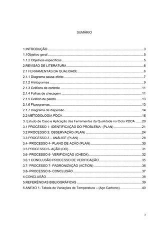2 
SUMÁRIO 
1.INTRODUÇÃO .......................................................................................................... 3 
1.1Objetivo geral .......................................................................................................... 5 
1.1.2 Objetivos específicos .......................................................................................... 5 
2.REVISÃO DE LITERATURA ..................................................................................... 6 
2.1 FERRAMENTAS DA QUALIDADE ......................................................................... 6 
2.1.1 Diagrama causa-efeito ........................................................................................ 7 
2.1.2 Histogramas ........................................................................................................ 9 
2.1.3 Gráficos de controle .......................................................................................... 11 
2.1.4 Folhas de checagem ......................................................................................... 11 
2.1.5 Gráfico de pareto ............................................................................................... 13 
2.1.6 Fluxogramas ...................................................................................................... 13 
2.1.7 Diagrama de dispersão ..................................................................................... 14 
2.2 METODOLOGIA PDCA ........................................................................................ 15 
3. Estudo de Caso e Aplicação das Ferramentas da Qualidade no Ciclo PDCA ....... 20 
3.1 PROCESSO 1- IDENTIFICAÇÃO DO PROBLEMA- (PLAN) ............................... 21 
3.2 PROCESSO 2: OBSERVAÇÃO (PLAN) .............................................................. 24 
3.3 PROCESSO 3 – ANÁLISE (PLAN) ...................................................................... 28 
3.4- PROCESSO 4- PLANO DE AÇÃO (PLAN) ......................................................... 30 
3.5 PROCESSO 5- AÇÃO (DO) ................................................................................. 31 
3.6- PROCESSO 6- VERIFICAÇÃO (CHECK) ........................................................... 32 
3.6.1 CONCLUSÃO PROCESSO DE VERIFICAÇÃO ............................................... 35 
3.7- PROCESSO 7- PADRONIZAÇÃO (ACTION) ..................................................... 36 
3.8- PROCESSO 8- CONCLUSÃO ............................................................................ 37 
4.CONCLUSÃO .......................................................................................................... 38 
5.REFERÊNCIAS BIBLIOGRÁFICAS ........................................................................ 39 
6.ANEXO 1- Tabela de Variações de Temperatura – (Aço Carbono) ........................ 40 
 
