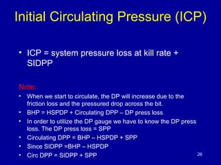 Initial Circulating Pressure (ICP) 
• ICP = system pressure loss at kill rate + 
SIDPP 
Note: 
• When we start to circulate, the DP will increase due to the 
friction loss and the pressured drop across the bit. 
• BHP = HSPDP + Circulating DPP – DP press loss 
• In order to utilize the DP gauge we have to know the DP press 
loss. The DP press loss = SPP 
• Circulating DPP = BHP – HSPDP + SPP 
• Since SIDPP =BHP – HSPDP 
• Circ DPP = SIDPP + SPP 26 
 