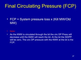 Final Circulating Pressure (FCP) 
• FCP = System pressure loss x (Kill MW/Old 
MW) 
• Note: 
• As the KMW is circulated through the bit the circ DP Press will 
decrease until the KMW will reach the bit. At the bit the SIDPP 
will be zero. The circ DP pressure with the KMW at the bit is the 
FCP. 
27 
 