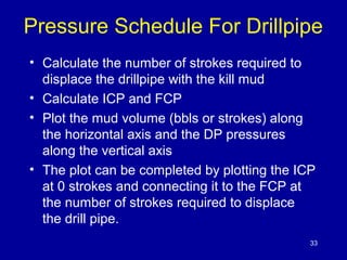 Pressure Schedule For Drillpipe 
• Calculate the number of strokes required to 
displace the drillpipe with the kill mud 
• Calculate ICP and FCP 
• Plot the mud volume (bbls or strokes) along 
the horizontal axis and the DP pressures 
along the vertical axis 
• The plot can be completed by plotting the ICP 
at 0 strokes and connecting it to the FCP at 
the number of strokes required to displace 
the drill pipe. 
33 
 