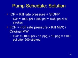 Pump Schedule: Solution 
• ICP = Kill rate pressure + SIDPP 
– ICP = 1000 psi + 500 psi = 1500 psi at 0 
strokes 
• FCP = (Kill rate pressure x Kill MW) / 
Original MW 
– FCP = (1000 psi x 11 ppg) / 10 ppg = 1100 
psi after 500 strokes 
36 
 