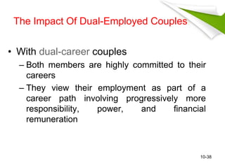 The Impact Of Dual-Employed Couples 
• With dual-career couples 
– Both members are highly committed to their 
careers 
– They view their employment as part of a 
career path involving progressively more 
responsibility, power, and financial 
remuneration 
10-38 
 