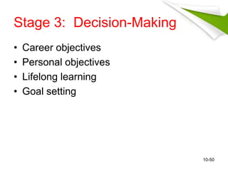 Stage 3: Decision-Making 
• Career objectives 
• Personal objectives 
• Lifelong learning 
• Goal setting 
10-50 
 