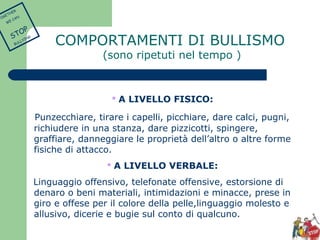 COMPORTAMENTI DI BULLISMO 
(sono ripetuti nel tempo ) 
 A LIVELLO FISICO: 
Punzecchiare, tirare i capelli, picchiare, dare calci, pugni, 
richiudere in una stanza, dare pizzicotti, spingere, 
graffiare, danneggiare le proprietà dell’altro o altre forme 
fisiche di attacco. 
 A LIVELLO VERBALE: 
Linguaggio offensivo, telefonate offensive, estorsione di 
denaro o beni materiali, intimidazioni e minacce, prese in 
giro e offese per il colore della pelle,linguaggio molesto e 
allusivo, dicerie e bugie sul conto di qualcuno. 
TOGETHER 
WE CAN 
STOP 
BULLYING 
 