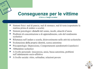 Conseguenze per le vittime 
A breve e lungo termine 
 Sintomi fisici: mal di pancia, mal di stomaco, mal di testa (soprattutto la 
mattina prima di andare a scuola) 
 Sintomi psicologici: disturbi del sonno, incubi, attacchi d’ansia 
 Problemi di concentrazione e di apprendimento, calo del rendimento 
scolastico 
 Riluttanza nell’andare a scuola, disinvestimento nelle attività scolastiche 
 Svalutazione della propria identità, scarsa autostima 
 Psicopatologie: Depressione, Comportamenti autodistruttivi/autolesivi 
 Abbandono scolastico 
 A livello personale: insicurezza, ansia, bassa autostima, problemi 
nell’adattamento socio-affettivo 
 A livello sociale: ritiro, solitudine, relazioni povere 
TOGETHER 
WE CAN 
STOP 
BULLYING 
 