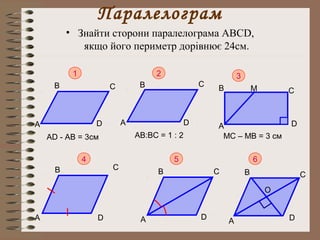 Паралелограм 
• Знайти сторони паралелограма АВСD, 
якщо його периметр дорівнює 24см. 
1 
АD - AB = 3см 
A 
B C 
D 
2 
A 
B C 
D 
AВ:ВС = 1 : 2 
3 
B C 
A 
D 
М 
МС – МВ = 3 см 
4 
A 
B C 
D 
5 
A 
B C 
D 
6 
A 
B C 
D 
O 
 