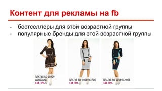 Контент для рекламы на fb 
- бестселлеры для этой возрастной группы 
- популярные бренды для этой возрастной группы 
 