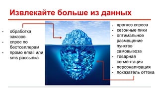 Извлекайте больше из данных 
- обработка 
заказов 
- спрос по 
бестселлерам 
- промо email или 
sms рассылка 
- прогноз спроса 
- сезонные пики 
- оптимальное 
размещение 
пунктов 
самовывоза 
- товарная 
сегментация 
- персонализация 
- показатель оттока 
 
