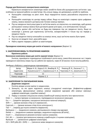 Поради для безпечного використання клавіатури 
Правильне використання клавіатури може запобігти болю або ушкодженням зап’ястків і рук, 
особливо за тривалої роботи на комп’ютері. Ось кілька порад, які допоможуть запобігти проблем. 
 Розташуйте клавіатуру на рівні ліктя. Ваші передпліччя мають розслаблено опускатися по 
3 
боках. 
 Розташуйте клавіатуру по центру перед собою. Якщо на клавіа турі є окрема група цифрових 
клавіш, можна вважати центральною точкою клавішу пропуск. 
 Під час введення тексту ваші руки та зап’ястки мають не опуска тись на клавіатуру, щоб далеко 
розташовані клавіші можна було діставати рухом усієї руки, а не витягуванням пальців. 
 Не кладіть долоні або зап’ястки на будь-яку поверхню під час введення тексту. Якщо на 
клавіатурі є ділянка для відпочинку зап’ястків, використовуйте її тільки під час перерв у 
введенні тексту. 
 Під час введення тексту натискайте на клавіші легко, ваші зап’ястки мають бути прямі. 
 Коли ви не вводите текст, розслабте руки. 
 Робіть короткі перерви у роботі за комп’ютером. 
Проведення комплексу вправ для зняття м'язового напруження (Варіант 1) 
V. ЗАКРІПЛЕННЯ ВМІНЬ ТА ПРАКТИЧНИХ НАВИЧОК 
Практична робота 
Виконання комплексу вправ для зняття зорової втоми (Варіант 1) 
Учитель, враховуючи індивідуальні особливості учнів класу, самостійно визначає час і термін 
проведення комплексу вправ під час роботи (як правило, через 8-10 хвилин після початку роботи). 
Завдання «Робота з клавіатурним тренажером» 
Автор 
підручника 
Морзе Н. В., Барна 0. В., Вембер В. П., 
Кузьмінська 0. Г., Саражинська Н. А. 
Ривкінд Й. Я., Лисенко T. І., 
Чернікова Л. А., Шакотько В. В. 
Параграф 11 — 
Номер завдання Вправа 2, 3 — 
VI. ЗАКРІПЛЕННЯ ТА УЗАГАЛЬНЕННЯ ЗНАНЬ 
Додаткове завдання 
Учитель роздає учням картки із завданнями. 
1. Запишіть, на які групи поділяють клавіші стандартної клавіа тури. (Алфавітно-цифрова 
клавіатура, функціональні клавіші, клавіші керування курсором або клавіші навігації, 
цифрова клавіатура, службові клавіші) 
2. Поряд із назвами спеціальних клавіш (комбінацій клавіш) вка жіть їхнє призначення: 
Enter — ... (запуск програм на виконання, підтвердження ви конання команди); 
Esc — ... (закриття програми, скасування виконання поточної операції); 
Shift — ... (режим великих літер за її утримання)', 
CapsLock — ... (режим великих літер після натискання:); 
Tab — ... (перехід до іншого елемента керування); 
Backspace — ... (видалення символа, розташованого ліворуч від курсора); 
Delete — ... (видалення символа праворуч, видалення виділених об’єктів)', 
Insert — ... (перемикання режимів вставки-заміни символів); 
Ctrl, Alt — ... (клавіші для виконання команд у комбінаціях з ін шими клавішами); 
NumLock — ... (увімкнення цифрової клавіатури); 
Ctrl + Shift (або Alt + Shift) — ... (змінення мови введення символів). 
 