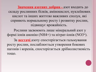 Значення азотних добрив - азот входить до 
складу рослинних білків, амінокислот, нуклеїнових 
кислот та інших життєво важливих сполук, які 
сприяють нормальному росту і розвитку рослин, 
підвищує врожайність. 
Рослини засвоюють лише мінеральний азот у 
формі іонів амонію (NH4+) та нітрат-іонів (NO3־). 
За нестачі азоту спостерігається гальмування 
росту рослин, послаблюється утворення бокових 
пагонів і коренів, спостерігається дрібнолистковість 
тощо. 
 