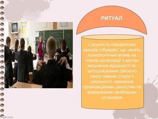 РИТУАЛ 
Сукупність спеціальних 
заходів (обрядів), що чинять 
психологічний вплив на 
членів організації з метою 
зміцнення відданості їй, 
затушовування дійсного 
сенсу певних сторін її 
діяльності, навчання 
організаційним цінностям та 
формування необхідних 
установок 
 