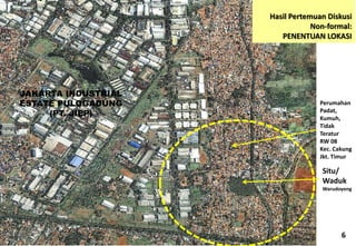 Hasil Pertemuan Diskusi Non-formal: PENENTUAN LOKASI 
Situ/ Waduk Warudoyong 
JAKARTA INDUSTRIAL ESTATE PULOGADUNG (PT. JIEP) 
Perumahan Padat, Kumuh, Tidak Teratur RW 08 Kec. Cakung Jkt. Timur 
6  