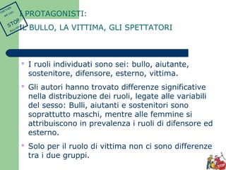 I PROTAGONISTI: 
IL BULLO, LA VITTIMA, GLI SPETTATORI 
 I ruoli individuati sono sei: bullo, aiutante, 
sostenitore, difensore, esterno, vittima. 
 Gli autori hanno trovato differenze significative 
nella distribuzione dei ruoli, legate alle variabili 
del sesso: Bulli, aiutanti e sostenitori sono 
soprattutto maschi, mentre alle femmine si 
attribuiscono in prevalenza i ruoli di difensore ed 
esterno. 
 Solo per il ruolo di vittima non ci sono differenze 
tra i due gruppi. 
TOGETHER 
WE CAN 
STOP 
BULLYING 
 