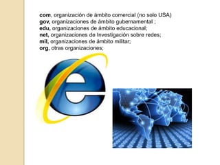 com, organización de ámbito comercial (no solo USA) 
gov, organizaciones de ámbito gubernamental ; 
edu, organizaciones de...