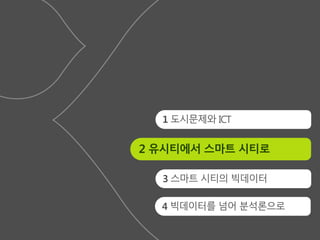2 유시티에서 스마트 시티로
1 도시문제와 ICT
3 스마트 시티의 빅데이터
4 빅데이터를 넘어 분석론으로
 
