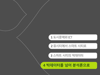 4 빅데이터를 넘어 분석론으로
1 도시문제와 ICT
2 유시티에서 스마트 시티로
3 스마트 시티의 빅데이터
 