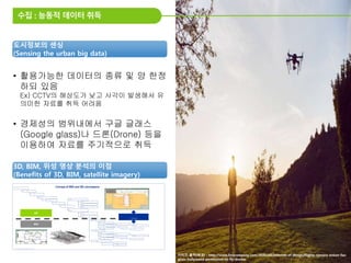 수집 : 능동적 데이터 취득
이미지 출처(배경) : http://www.fastcompany.com/3036266/internet-of-things/flights-camera-action-faa-
gives-hollywood-permission-to-fly-drones
• 활용가능한 데이터의 종류 및 양 한정
하되 있음
Ex) CCTV의 해상도가 낮고 사각이 발생해서 유
의미한 자료를 취득 어려움
• 경제성의 범위내에서 구글 글래스
(Google glass)나 드론(Drone) 등을
이용하여 자료를 주기적으로 취득
도시정보의 센싱
(Sensing the urban big data)
3D, BIM, 위성 영상 분석의 이점
(Benefits of 3D, BIM, satellite imagery)
Concept of BIM and GIS convergence
Space
Natural Asset
Linear Structure
Structure
Building
Facility / Built
World
Sub-Systems
System
Level
Site
Real
Property Asset
Country
State / Province
County
Region
Node
Segment
Room
Space
System
Level
Room
Water / Sea
Land / Parcel
Underground
Air / Space
Overlay
Overlay
Components
City
Sub-Systems
Components
BIM
GIS
Converging Building Info.
(Interoperability)
*출처 : Introduction to BIM – GIS Integration(2010, Building Science Annual Meeting Doc.)
 