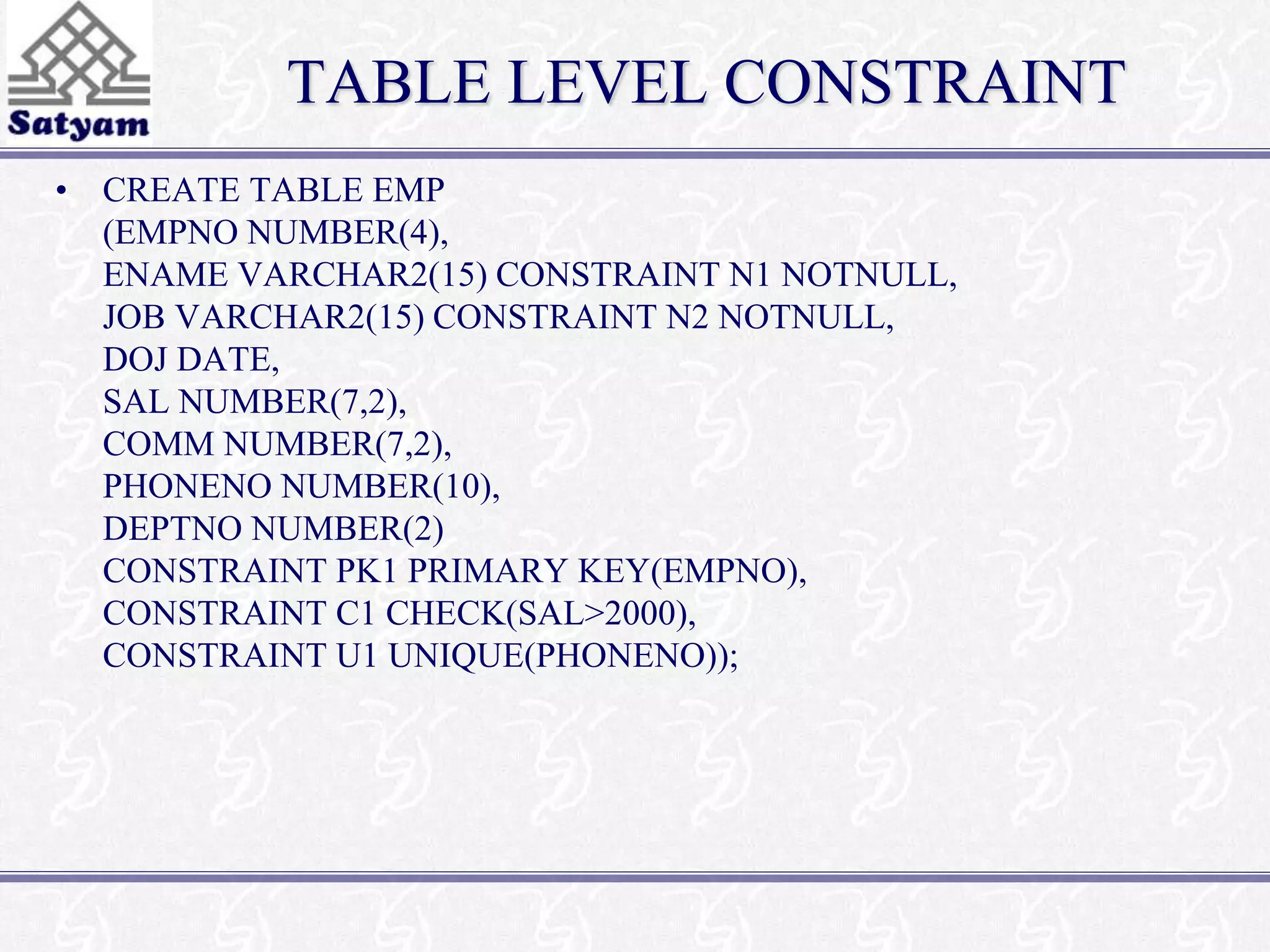TABLE LEVEL CONSTRAINT 
• CREATE TABLE EMP 
(EMPNO NUMBER(4), 
ENAME VARCHAR2(15) CONSTRAINT N1 NOTNULL, 
JOB VARCHAR2(15) CONSTRAINT N2 NOTNULL, 
DOJ DATE, 
SAL NUMBER(7,2), 
COMM NUMBER(7,2), 
PHONENO NUMBER(10), 
DEPTNO NUMBER(2) 
CONSTRAINT PK1 PRIMARY KEY(EMPNO), 
CONSTRAINT C1 CHECK(SAL>2000), 
CONSTRAINT U1 UNIQUE(PHONENO)); 
 