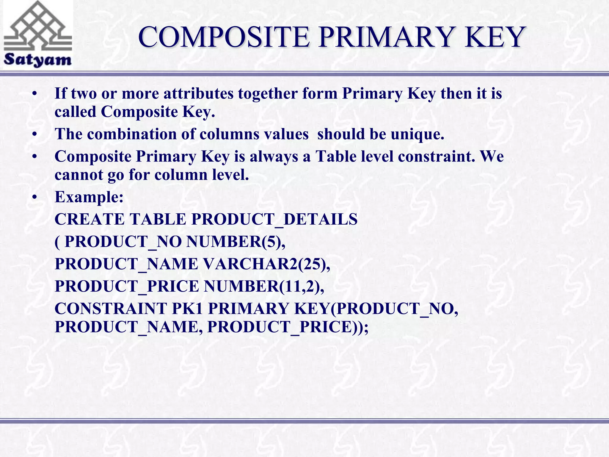 COMPOSITE PRIMARY KEY 
• If two or more attributes together form Primary Key then it is 
called Composite Key. 
• The combination of columns values should be unique. 
• Composite Primary Key is always a Table level constraint. We 
cannot go for column level. 
• Example: 
CREATE TABLE PRODUCT_DETAILS 
( PRODUCT_NO NUMBER(5), 
PRODUCT_NAME VARCHAR2(25), 
PRODUCT_PRICE NUMBER(11,2), 
CONSTRAINT PK1 PRIMARY KEY(PRODUCT_NO, 
PRODUCT_NAME, PRODUCT_PRICE)); 
 