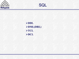 SQL 
DDL 
DML(DRL) 
TCL 
DCL 
 