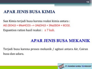 13
APAR JENIS BUSA KIMIA
Sun Kimia terjadi busa karena reaksi kimia antara :
Al2 (SO4)3 + 6NaHCO3 --> 2Al(OH)3 + 3Na2SO4 + 6CO2.
Expantion ration hasil reaksi : ± 7 kali.
Terjadi busa karena proses mekanik / agitasi antara Air, Cairan
busa dan udara.
APAR JENIS BUSA MEKANIK
 