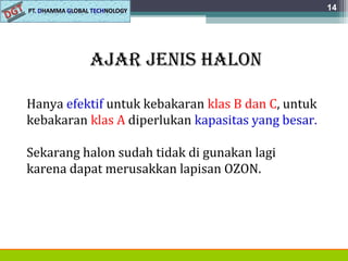 14
AJAR JENIS HALON
Hanya efektif untuk kebakaran klas B dan C, untuk
kebakaran klas A diperlukan kapasitas yang besar.
Sekarang halon sudah tidak di gunakan lagi
karena dapat merusakkan lapisan OZON.
 