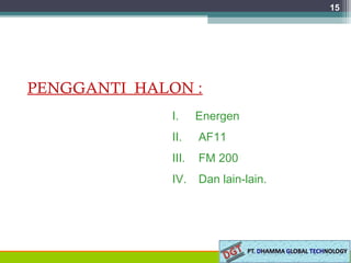 15
PENGGANTI HALON :
I. Energen
II. AF11
III. FM 200
IV. Dan lain-lain.
 
