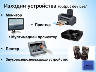 Изходни устройства /output devices/ 
 Монитор 
 Принтер 
 Мултимедиен прожектор 
 Плотер 
 Звуковъзпрозивеждащо устройство 
схема 
 
