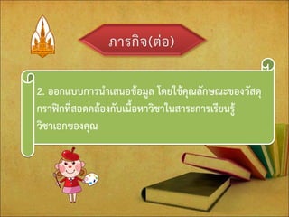 2. ออกแบบการนาเสนอข้อมูล โดยใช้คุณลักษณะของวัสดุ กราฟิกที่สอดคล้องกับเนื้อหาวิชาในสาระการเรียนรู้ วิชาเอกของคุณ  