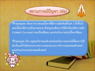 คุณครูแดน ต้องการนาเสนอเนื้อหาที่มีความสัมพันธ์ตั้งแต่ 2 สิ่งขึ้นไป และเนื้อหามีความเป็นนามธรรม ซึ่งครูแดนต้องการให้นักเรียนได้ความคิด รวบยอด (Concept) ของเรื่องที่สอน และช่วยในการสรุปเนื้อหาที่สอน 
คุณครูรุท เป็น ครูสอนวิชาคอมพิวเตอร์และในการสอนวันนี้ต้องการให้ นักเรียนเข้าใจถึงระบบการทางานของระบบการทางานของคอมพิวเตอร์ และส่วนประกอบของคอมพิวเตอร์ 
 