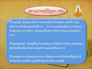 คุณครูอั้ม เป็นครูฝ่ายวิชาการของโรงเรียน ซึ่งจะต้องทาหน้าที่การสรุป สถิติจานวนนักเรียนทุกระดับชั้น(ม.1 - ม.6) และผลสัมฤทธิ์ทางการเรียนของ นักเรียนทุกภาคการศึกษา เพื่อแสดงให้บุคลากรในโรงเรียนและบุคคลทั่วไป ทราบ 
คุณครูพอลล่า เป็นครูที่สอนในระดับอนุบาล ซึ่งต้องการเร้าความสนใจของ นักเรียนให้นักเรียนเกิดความสนุกสนานและเกิดจินตนาการ 
คุณครูศรราม เป็นครูฝ่ายปกครอง ซึ่งต้องการประชาสัมพันธ์เชิญชวนให้ นักเรียนหันมาเล่นกีฬา และให้นักเรียนห่างไกลยาเสพย์ติด  