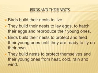 BIRDS AND THEIR NESTS 
 Birds build their nests to live. 
 They build their nests to lay eggs, to hatch 
their eggs and reproduce their young ones. 
 Birds build their nests to protect and feed 
their young ones until they are ready to fly on 
their own. 
 They build nests to protect themselves and 
their young ones from heat, cold, rain and 
wind. 
 