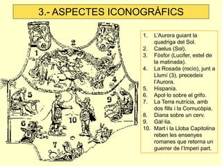 1.L’Aurora guiant la quadriga del Sol. 
2.Caelus (Sol). 
3.Fòsfor (Lucifer, estel de la matinada). 
4.La Rosada (rocío), junt a Llumí (3), precedeix l’Aurora. 
5.Hispania. 
6.Apol·lo sobre el grifo. 
7.La Terra nutrícia, amb dos fills i la Cornucòpia. 
8.Diana sobre un cerv. 
9.Gàl·lia. 
10.Mart i la Lloba Capitolina reben les ensenyes romanes que retorna un guerrer de l’Imperi part. 
3.- ASPECTES ICONOGRÀFICS  