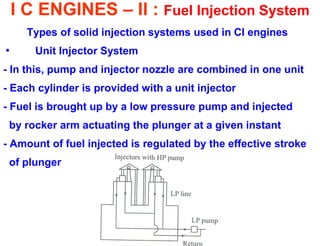 I C ENGINES – II : Fuel Injection System 
Types of solid injection systems used in CI engines 
• Unit Injector System 
- In this, pump and injector nozzle are combined in one unit 
- Each cylinder is provided with a unit injector 
- Fuel is brought up by a low pressure pump and injected 
by rocker arm actuating the plunger at a given instant 
- Amount of fuel injected is regulated by the effective stroke 
of plunger  