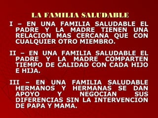 LLAA FFAAMMIILLIIAA SSAALLUUDDAABBLLEE 
II –– EENN UUNNAA FFAAMMIILLIIAA SSAALLUUDDAABBLLEE EELL 
PPAADDRREE YY LLAA MMAADDRREE TTIIEENNEENN UUNNAA 
RREELLAACCIIOONN MMAASS CCEERRCCAANNAA QQUUEE CCOONN 
CCUUAALLQQUUIIEERR OOTTRROO MMIIEEMMBBRROO.. 
IIII –– EENN UUNNAA FFAAMMIILLIIAA SSAALLUUDDAABBLLEE EELL 
PPAADDRREE YY LLAA MMAADDRREE CCOOMMPPAARRTTEENN 
TTIIEEMMPPOO DDEE CCAALLIIDDAADD CCOONN CCAADDAA HHIIJJOO 
EE HHIIJJAA.. 
IIIIII –– EENN UUNNAA FFAAMMIILLIIAA SSAALLUUDDAABBLLEE 
HHEERRMMAANNOOSS YY HHEERRMMAANNAASS SSEE DDAANN 
AAPPOOYYOO YY NNEEGGOOCCIIAANN SSUUSS 
DDIIFFEERREENNCCIIAASS SSIINN LLAA IINNTTEERRVVEENNCCIIOONN 
DDEE PPAAPPAA YY MMAAMMAA.. 
 