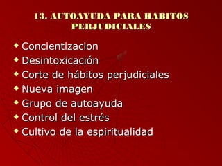 1133.. AAUUTTOOAAYYUUDDAA PPAARRAA HHAABBIITTOOSS 
PPEERRJJUUDDIICCIIAALLEESS 
 CCoonncciieennttiizzaacciioonn 
 DDeessiinnttooxxiiccaacciióónn 
 CCoorrttee ddee hháábbiittooss ppeerrjjuuddiicciiaalleess 
 NNuueevvaa iimmaaggeenn 
 GGrruuppoo ddee aauuttooaayyuuddaa 
 CCoonnttrrooll ddeell eessttrrééss 
 CCuullttiivvoo ddee llaa eessppiirriittuuaalliiddaadd 
 