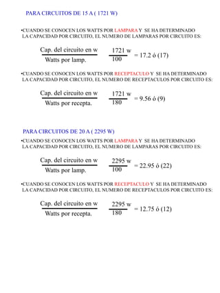 •CUANDO SE CONOCEN LOS WATTS POR LAMPARA Y SE HA DETERMINADO LA CAPACIDAD POR CIRCUITO, EL NUMERO DE LAMPARAS POR CIRCUITO ES: 
Watts por lamp. 
Cap. del circuito en w 
1721 w 
100 
= 17.2 ó (17) 
•CUANDO SE CONOCEN LOS WATTS POR RECEPTACULO Y SE HA DETERMINADO LA CAPACIDAD POR CIRCUITO, EL NUMERO DE RECEPTACULOS POR CIRCUITO ES: 
Watts por recepta. 
Cap. del circuito en w 
1721 w 
180 
= 9.56 ó (9) 
•CUANDO SE CONOCEN LOS WATTS POR LAMPARA Y SE HA DETERMINADO LA CAPACIDAD POR CIRCUITO, EL NUMERO DE LAMPARAS POR CIRCUITO ES: 
Watts por lamp. 
Cap. del circuito en w 
2295 w 
100 
= 22.95 ó (22) 
•CUANDO SE CONOCEN LOS WATTS POR RECEPTACULO Y SE HA DETERMINADO LA CAPACIDAD POR CIRCUITO, EL NUMERO DE RECEPTACULOS POR CIRCUITO ES: 
Watts por recepta. 
Cap. del circuito en w 
2295 w 
180 
= 12.75 ó (12) 
PARA CIRCUITOS DE 15 A ( 1721 W) 
PARA CIRCUITOS DE 20 A ( 2295 W)  