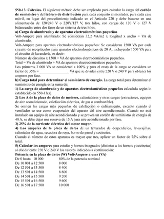 550-13. Cálculos. El siguiente método debe ser empleado para calcular la carga del cordón de suministro y del tablero de distribución para cada conjunto alimentador, para cada casa móvil, en lugar del procedimiento indicado en el Artículo 220 y debe basarse en una alimentación de 120/240 V o 220Y/127 V, tres hilos, con cargas de 120 V o 127 V balanceadas entre dos fases de un sistema de tres hilos. 
a) Carga de alumbrado y de aparatos electrodomésticos pequeños 
Volt-Ampere para alumbrado: Se consideran 32,2 VA/m2 x longitud x ancho = VA de alumbrado. 
Volt-Ampere para aparatos electrodomésticos pequeños: Se consideran 1500 VA por cada circuito de receptáculos para aparatos electrodomésticos de 20 A, incluyendo 1500 VA para el circuito de lavandería, es decir: 
Número de circuitos x 1500 = VA de aparatos electrodomésticos pequeños. 
Total = VA de alumbrado + VA de aparatos electrodomésticos pequeños. 
Los primeros 3 000 VA se consideran a 100% y para el resto de la carga se considera un factor de 35% = ________________ VA que se dividen entre 220 V o 240 V para obtener los amperes por fase. 
b) Carga total para determinar el suministro de energía. La carga total para determinar el suministro de energía es la suma de: 
1) La carga de alumbrado y de aparatos electrodomésticos pequeños calculada según lo establecido en 550-13(a). 
2) Los A de la placa de datos de motores, calentadores y otras cargas (extractores, equipos de aire acondicionado, calefacción eléctrica, de gas o combustible). 
Se omiten las cargas más pequeñas de calefacción o enfriamiento, excepto cuando el ventilador se use como evaporador del aparato del aire acondicionado. Cuando no esté instalado un equipo de aire acondicionado y se provea un cordón de suministro de energía de 40 A, se debe dejar una reserva de 15 A para aire acondicionado por fase. 
3) 25% de la corriente eléctrica del motor mayor. 
4) Los amperes de la placa de datos de un triturador de desperdicios, lavavajillas, calentador de agua, secadora de ropa, horno de pared y cocinetas. 
Cuando el número de estos aparatos es mayor que tres, aplicar un factor de 75% sobre el total. 
5) Calcular los amperes para estufas y hornos integrados (distintas a los hornos y cocinetas) al dividir entre 220 V o 240 V los valores indicados a continuación: 
Potencia en la placa de datos (W) Volt-Ampere a usar (VA) 
De 0 hasta 10 000 80% de la potencia nominal 
De 10 001 a 12 500 8 000 
De 12 501 a 13 500 8 400 
De 13 501 a 14 500 8 800 
De 14 501 a 15 500 9 200 
De 15 501 a 16 500 9 600 
De 16 501 a 17 500 10 000  