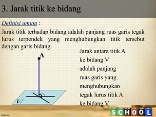 Definisi umum :
Jarak titik terhadap bidang adalah panjang ruas garis tegak
lurus terpendek yang menghubungkan titik tersebut
dengan garis bidang.
3. Jarak titik ke bidang
Jarak antara titik A
ke bidang V
adalah panjang
ruas garis yang
menghubungkan
tegak lurus titik A
ke bidang V
A

 