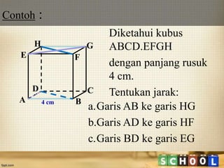 Contoh :
17
Diketahui kubus
ABCD.EFGH
dengan panjang rusuk
4 cm.
Tentukan jarak:
A B
CD
H
E F
G
4 cm
a.Garis AB ke garis HG
b.Garis AD ke garis HF
c.Garis BD ke garis EG
 