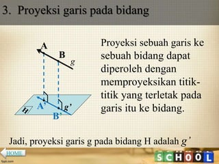 3. Proyeksi garis pada bidang
Proyeksi sebuah garis ke
sebuah bidang dapat
diperoleh dengan
memproyeksikan titik-
titik yang terletak pada
garis itu ke bidang.
A
A’
g
Jadi, proyeksi garis g pada bidang H adalah g’
B
B’
g’
HOME
 