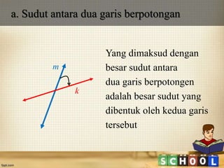 Yang dimaksud dengan
besar sudut antara
dua garis berpotongen
adalah besar sudut yang
dibentuk oleh kedua garis
tersebut
k
m
a. Sudut antara dua garis berpotongan
 
