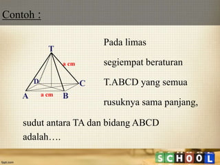 40
Pada limas
segiempat beraturan
T.ABCD yang semua
rusuknya sama panjang,
sudut antara TA dan bidang ABCD
adalah….
T
A B
CD
a cm
a cm
Contoh :
 