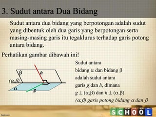 3. Sudut antara Dua Bidang
Sudut antara dua bidang yang berpotongan adalah sudut
yang dibentuk oleh dua garis yang berpotongan serta
masing-masing garis itu tegaklurus terhadap garis potong
antara bidang.
Perhatikan gambar dibawah ini!
Sudut antara
bidang  dan bidang 
adalah sudut antara
garis g dan h, dimana
g  (,) dan h  (,).
(,) garis potong bidang  dan 


(,)
g
h
 
