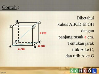 Contoh :
Diketahui
kubus ABCD.EFGH
dengan
panjang rusuk a cm.
Tentukan jarak
titik A ke C,
dan titik A ke G
A B
CD
H
E F
G
a cm
a cm
a cm
 
