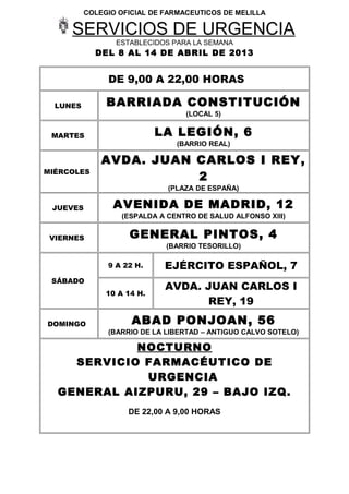 COLEGIO OFICIAL DE FARMACEUTICOS DE MELILLA

     SERVICIOS DE URGENCIA
                 ESTABLECIDOS PARA LA SEMANA
            DEL 8 AL 14 DE ABRIL DE 2013


               DE 9,00 A 22,00 HORAS

  LUNES        BARRIADA CONSTITUCIÓN
                                  (LOCAL 5)


 MARTES                     LA LEGIÓN, 6
                                (BARRIO REAL)

              AVDA. JUAN CARLOS I REY,
MIÉRCOLES
                         2
                              (PLAZA DE ESPAÑA)

 JUEVES         AVENIDA DE MADRID, 12
                   (ESPALDA A CENTRO DE SALUD ALFONSO XIII)


 VIERNES             GENERAL PINTOS, 4
                             (BARRIO TESORILLO)

               9 A 22 H.     EJÉRCITO ESPAÑOL, 7
 SÁBADO
                             AVDA. JUAN CARLOS I
               10 A 14 H.
                                    REY, 19

DOMINGO              ABAD PONJOAN, 56
               (BARRIO DE LA LIBERTAD – ANTIGUO CALVO SOTELO)

            NOCTURNO
    SERVICIO FARMACÉUTICO DE
             URGENCIA
  GENERAL AIZPURU, 29 – BAJO IZQ.
                    DE 22,00 A 9,00 HORAS
 